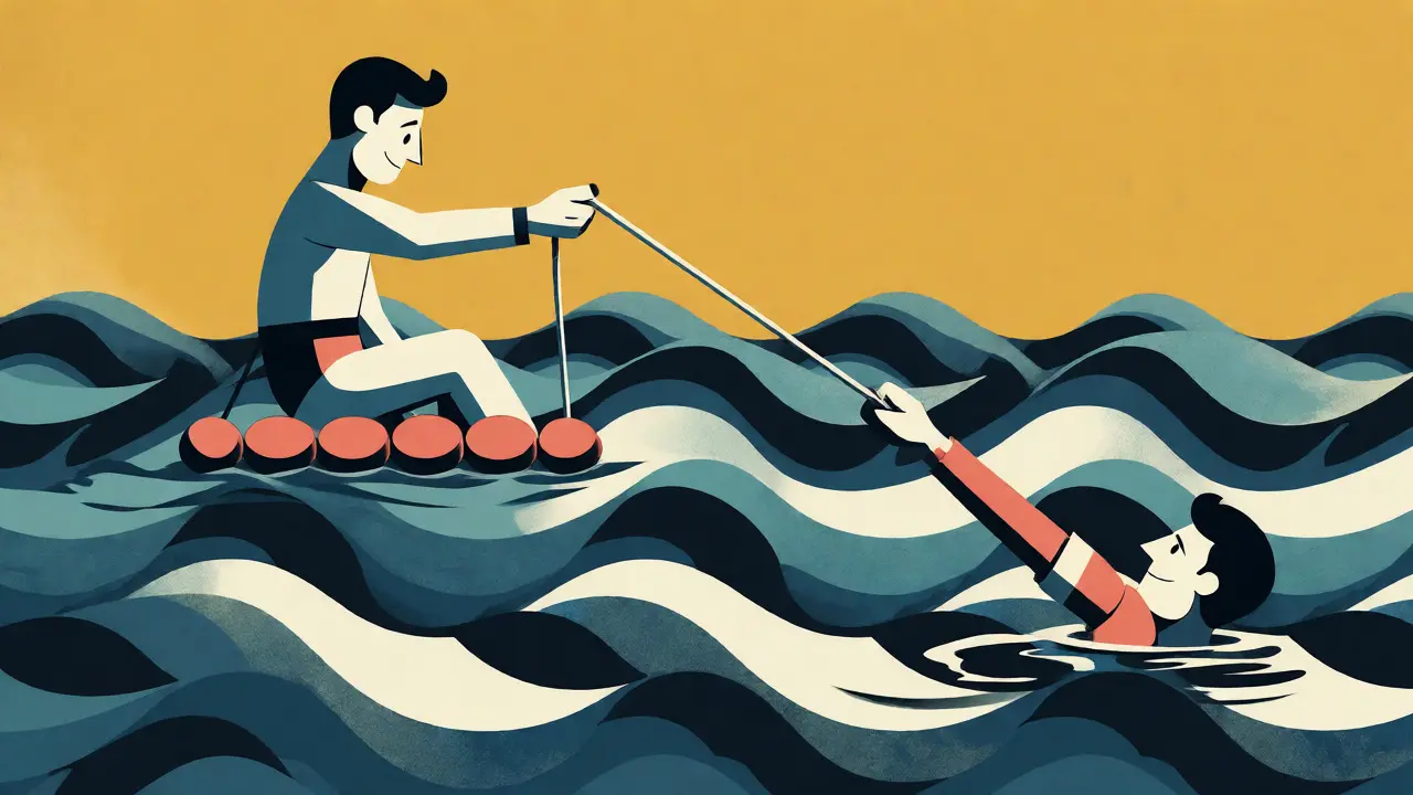 Terapeut házející záchranné lano klientovi ve vlnách emocí, ilustrace ve stylu UPA