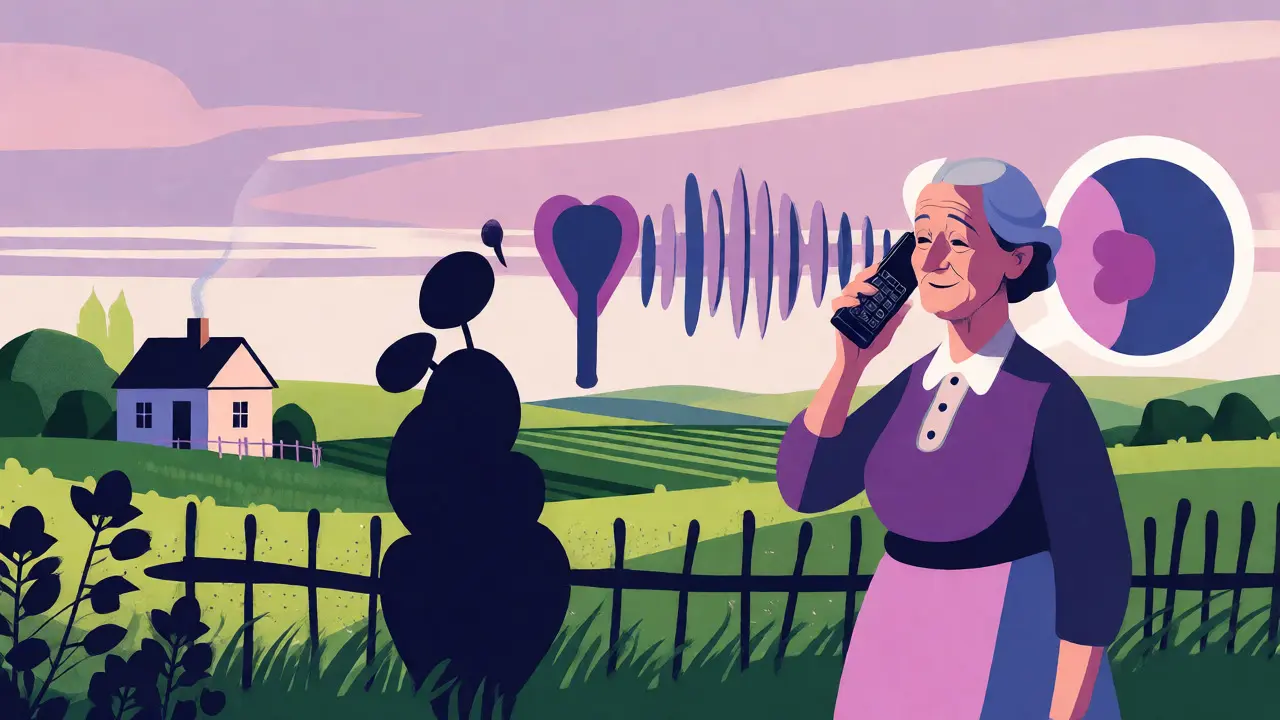 Žena na venkově telefonuje, zvukové vlny symbolizují terapii